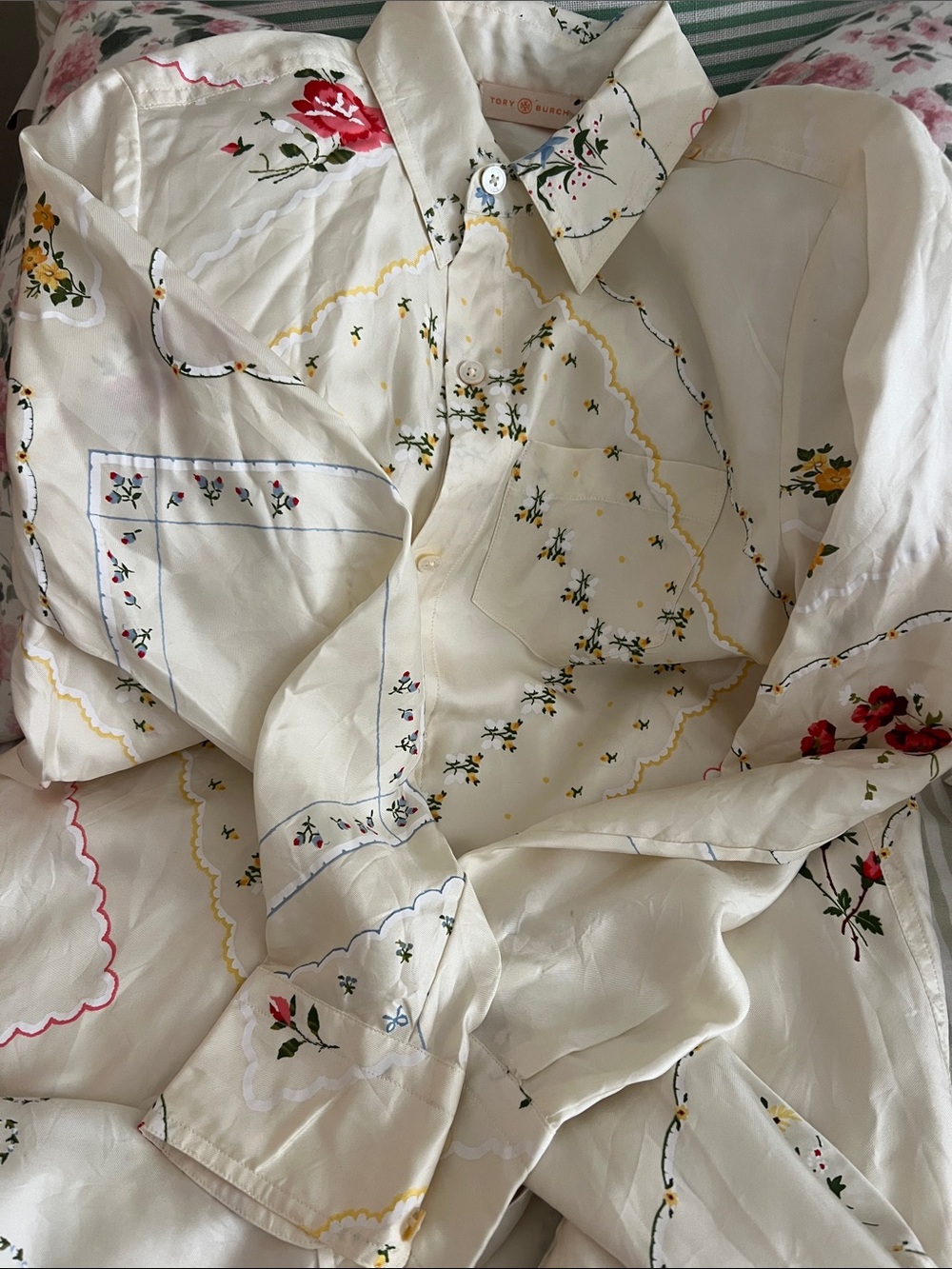 Tory Burch Cream Floral Scalloped Sheet Set with Red & Yellow Blooms